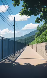 a person walking down an empty sidewalk by some water