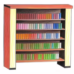 a wooden book case filled with lots of colorful books,a bookcase has books inside of it,drawing of colorful book shelf for children,this is a picture of some books on a shelving,a wood bookcase with many colored books inside of it