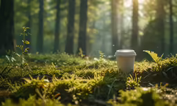 there is a coffee cup sitting in the grass