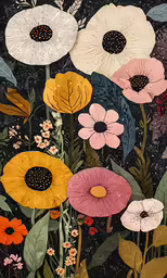 the floral background is black, white, red and yellow