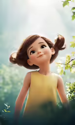 a young girl is looking to the left with her hair up
