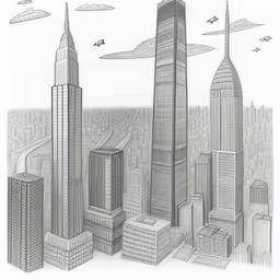 a drawing of a city with a tall building,a city scene with the world trade center, the new york building and the twin towers