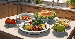 an illustration of food sits on a counter in a kitchen,a table with many different bowls of food