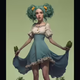 a beautiful woman with green hair and blue dress