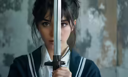 a woman with black hair holding a sword