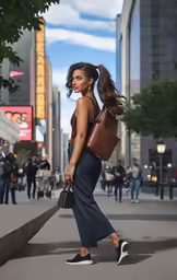 the woman in black tank top and grey pants is crossing the street