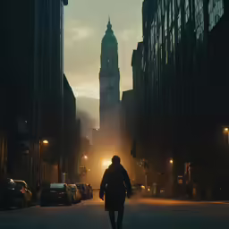 a man walking down the street at night