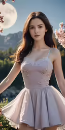girl in short dress with full length skirt in blooming tree