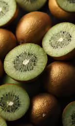 an assortment of fruits with one kiwi sliced open