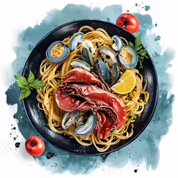 a bowl filled with meat, pasta and clams on top of a table