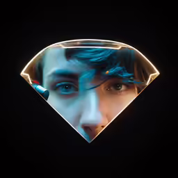 man in a strange geometric frame with a pen in his mouth