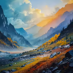 an artwork work showing mountains and forest