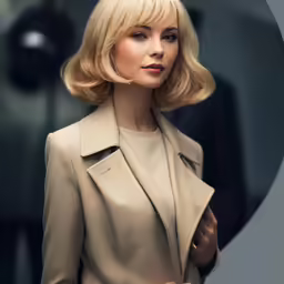 a woman with blonde hair, and bangs, looks into the mirror