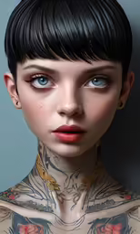 a portrait of a tattooed woman with black hair and tattoos