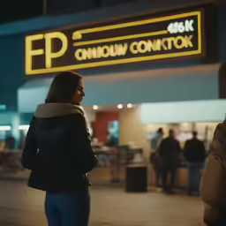 a woman stands outside of a building as a crowd watches