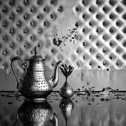 a tea pot and a spoon in front of a tiled wall