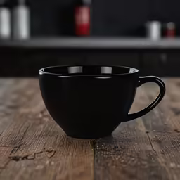 the black mug is sitting on a wooden table