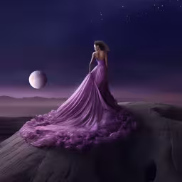 a woman wearing a purple dress standing on a cliff,a woman in a purple dress stands atop rocks