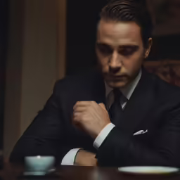 a man dressed in suit and tie sitting at table