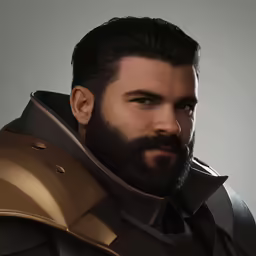 a 3d character portrait of a man with hair and beard, wearing leather armor and a suit