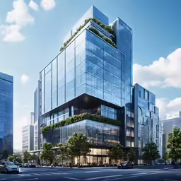 a glass office building in the middle of an empty street