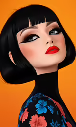 a woman with red lips and black hair