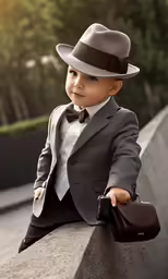 a young boy dressed in a gray suit and a brown hat and holding a bag