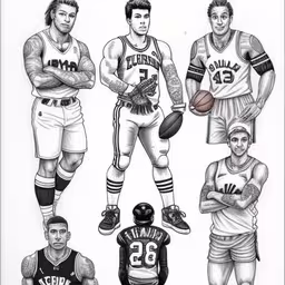 a drawing of a basketball team with men and women,a drawing shows the players from different teams,four basketball players are standing together holding their arms crossed,a drawing of basketball players that have been colored in various ways,basketball drawing with an image of the players and basketballs