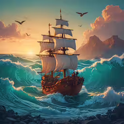 a ship floating in the ocean at sunset,a ship in the water with large waves and birds flying around