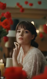 woman sitting in front of candles with roses around her