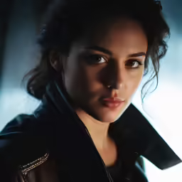 an attractive young woman with dark hair in a leather jacket
