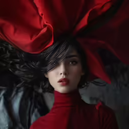 the woman is wearing a red outfit and has a long black hair