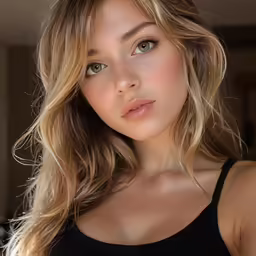 a close up of a woman wearing a black top