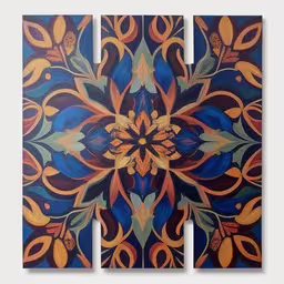 two colorful art paintings in different stages of development,a painting of leaves with blue and yellow colors