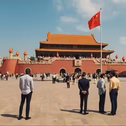 people are standing in the courtyards near a large building