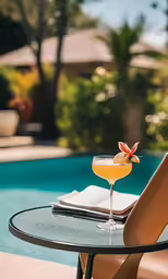 a glass of orange juice with a drink on top sitting next to a swimming pool