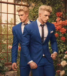 two male model stand next to a flower garden and wearing a bright blue suit,the two men are wearing blue suits and white shirts