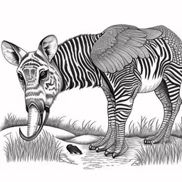 the zebra is with a bird in his mouth,a zebra with an open mouth and wings is standing in the grass