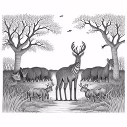 a drawing of an animal with some animals walking around it,a drawing of a zebra with antelope and elephants in the background