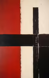 a black and red abstract painting with the name written on it