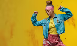 a woman wearing a pink and yellow headband is posed against a bright yellow wall