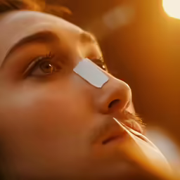 a man with an ad taped to his nose with a square stick in his nose