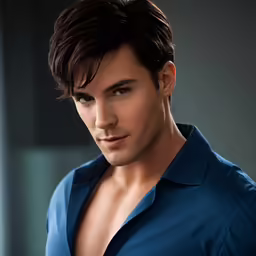 the man is in a blue shirt and wearing black