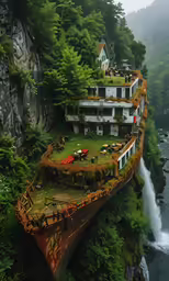 an unusual house and waterfall on top of an island
