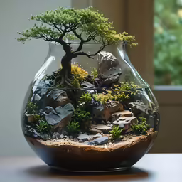 small bonsai tree in a glass vase with rocks