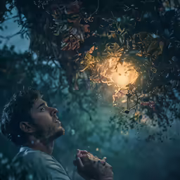 a man in a white t - shirt is looking up at a hanging light