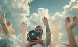 some people with their hands in the air and holding a camera
