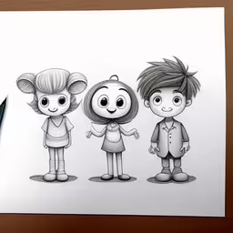 a drawing of three people with various facial expressions,three cartoon characters holding hands and talking