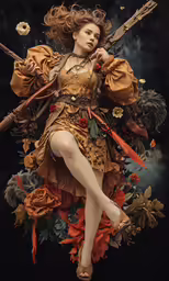 a woman dressed as a witch with a hat and wand and wearing gold is holding her hands in her pockets