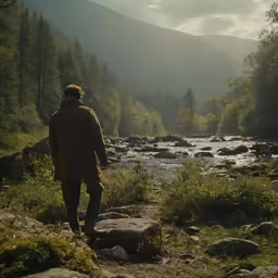 a person stands on the rocks near a stream